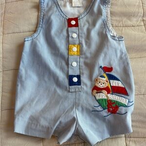 Striped Baby Romper with Sailboat and Bear Design